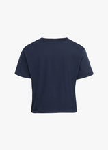 Load image into Gallery viewer, Favorite Daughter Cropped Logo Short Sleeve Tee - Navy/Gardenia