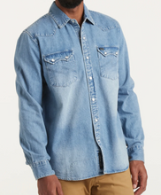 Load image into Gallery viewer, Howler Brother&#39;s Dust Up Denim Snapshirt Medium Wash
